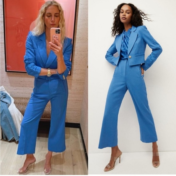 SET Veronica Beard Behren Suit Jacket Blue 4 Crop Wide Leg Dova Trouser - Picture 1 of 16